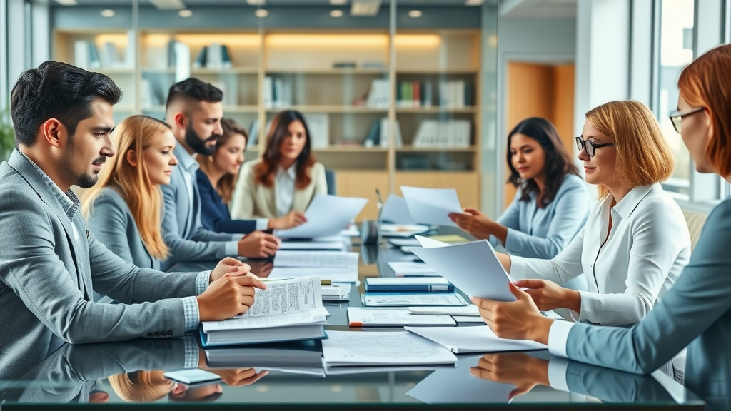 Medical expense reimbursement policies - HR and employees reviewing reimbursement paperwork in a modern legal office, focused collaboration.