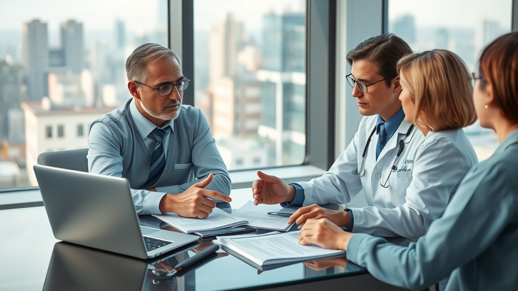 Medical expense reimbursement policy overview - legal and healthcare professionals collaborating on insurance claim paperwork.