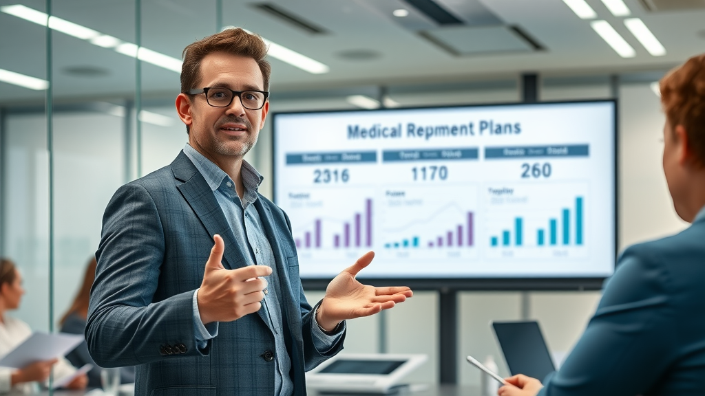 Medical expense reimbursement plan structure - HR manager presenting group health and individual plan charts to staff in a corporate meeting.