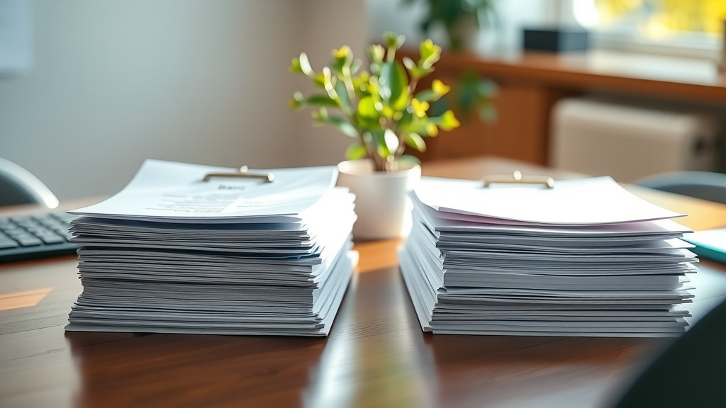 Basic vs. comprehensive medical expense policy comparison - two stacks of documents representing policy types on a lawyer