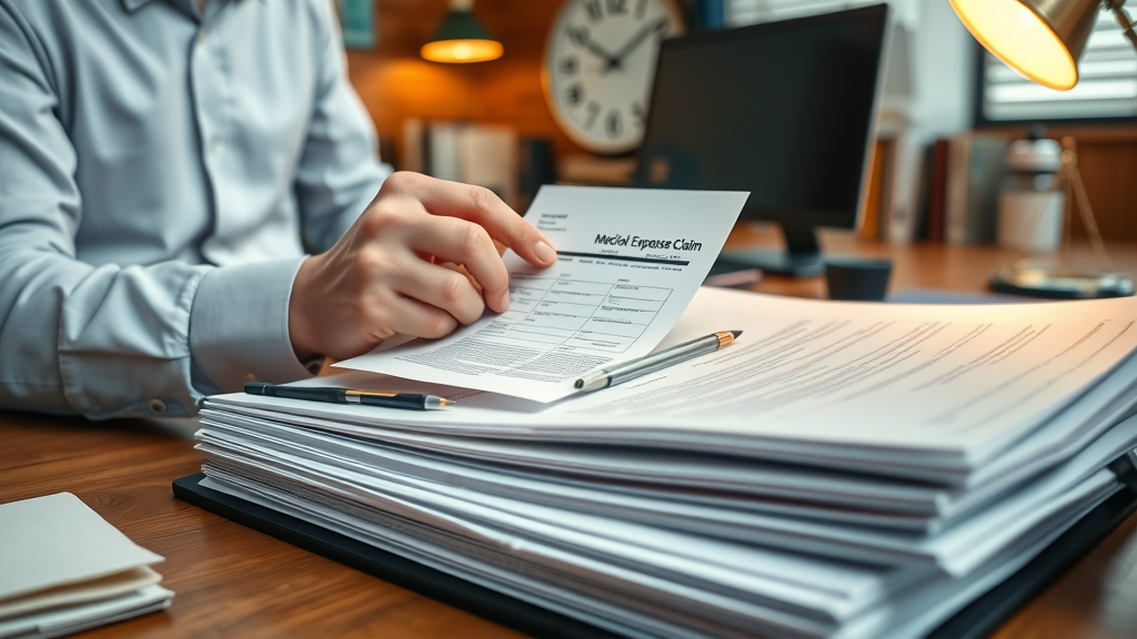 Medical expense reimbursement policy compliance - law office scene with an attorney sorting claim paperwork and checklists.