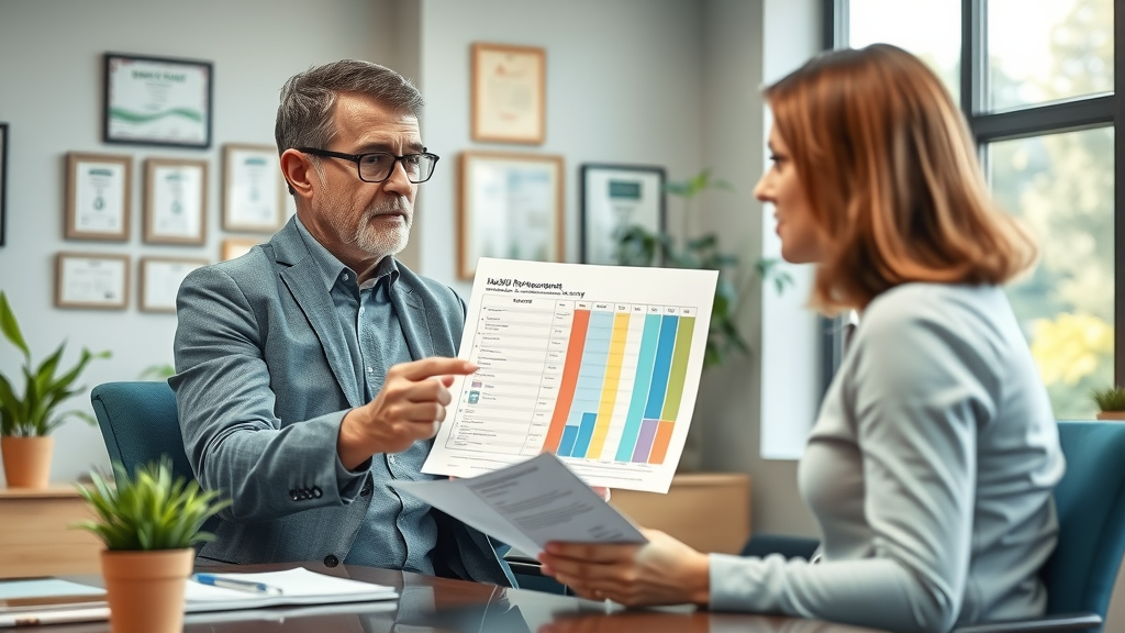 Medical expense reimbursement and health insurance - professional explaining reimbursement chart to client in insurance office.