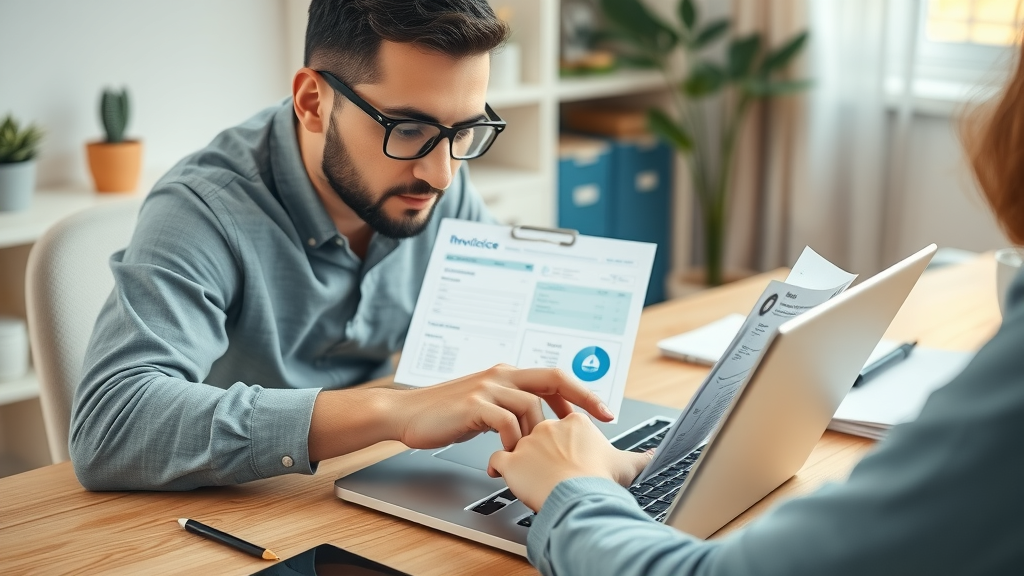 Filing a medical expense reimbursement claim - professional completing an online claim form with receipts and invoices.