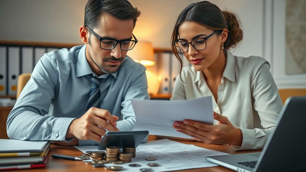 Maximizing tax benefits with medical expense reimbursement policies - attorney and client examining tax forms and calculator in an office.