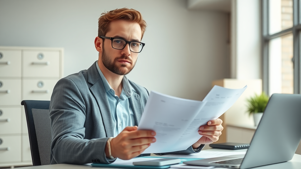 Professional insurance claim analyst reviewing paperwork for insurance claim for medical bills at a modern organized office