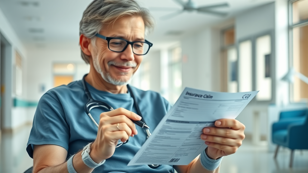 Healthcare patient calmly filling out insurance claim for medical bills form at hospital reception area