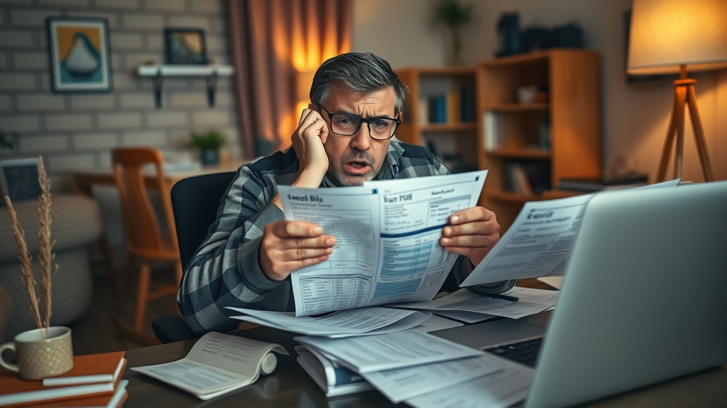 Frustrated individual reviewing medical bills for insurance claim for medical bills at home