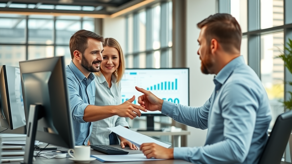 Insurance company staff discussing an insurance claim for medical bills at a computer in modern office