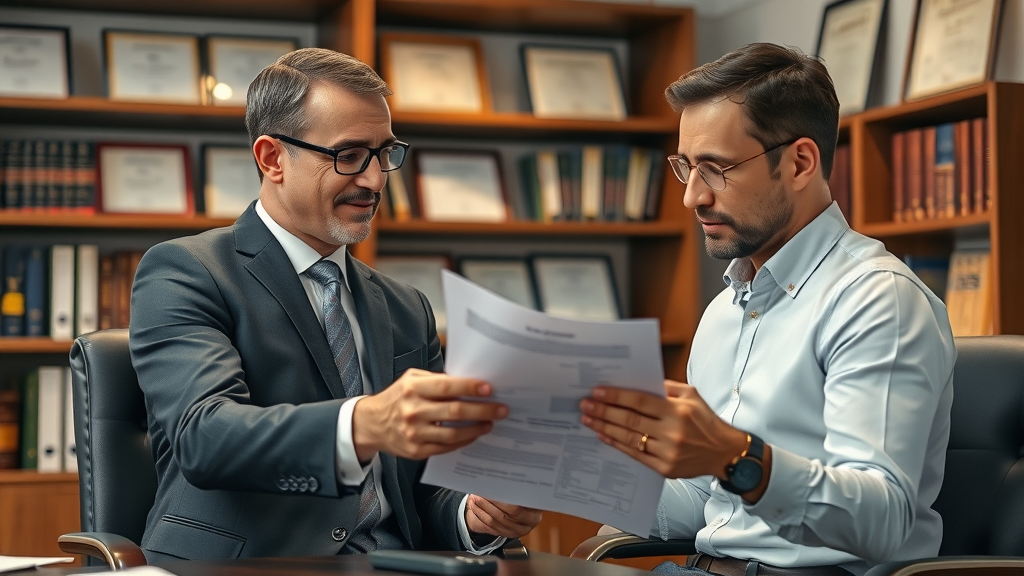 Personal injury attorney consulting client about insurance claim for medical bills in law office