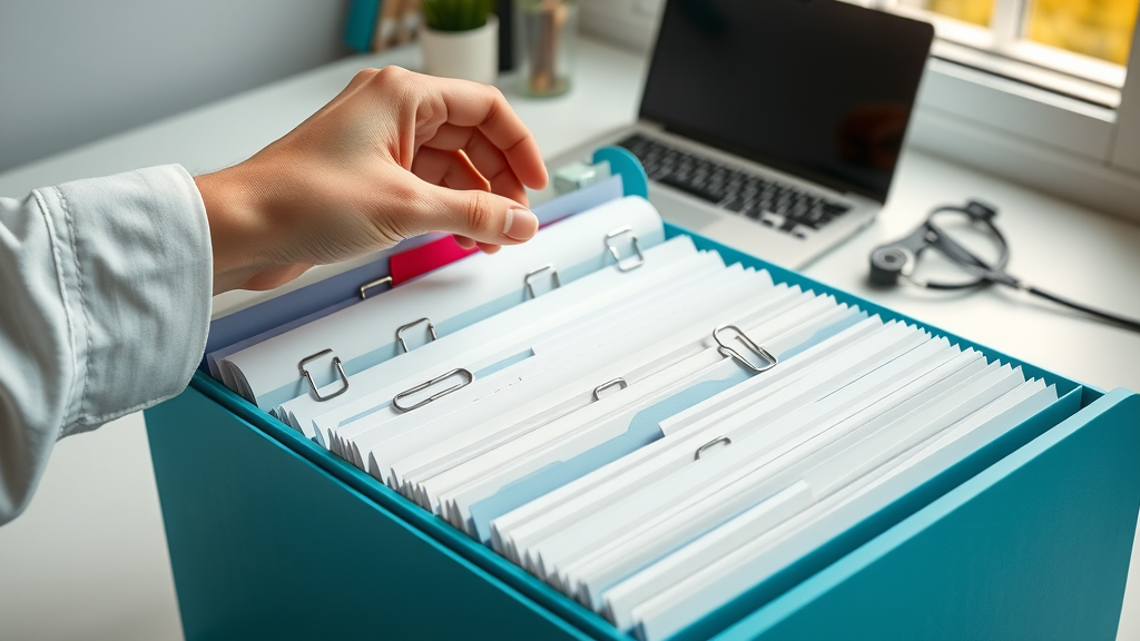 Organized folder of documents for insurance claim for medical bills on neat desk