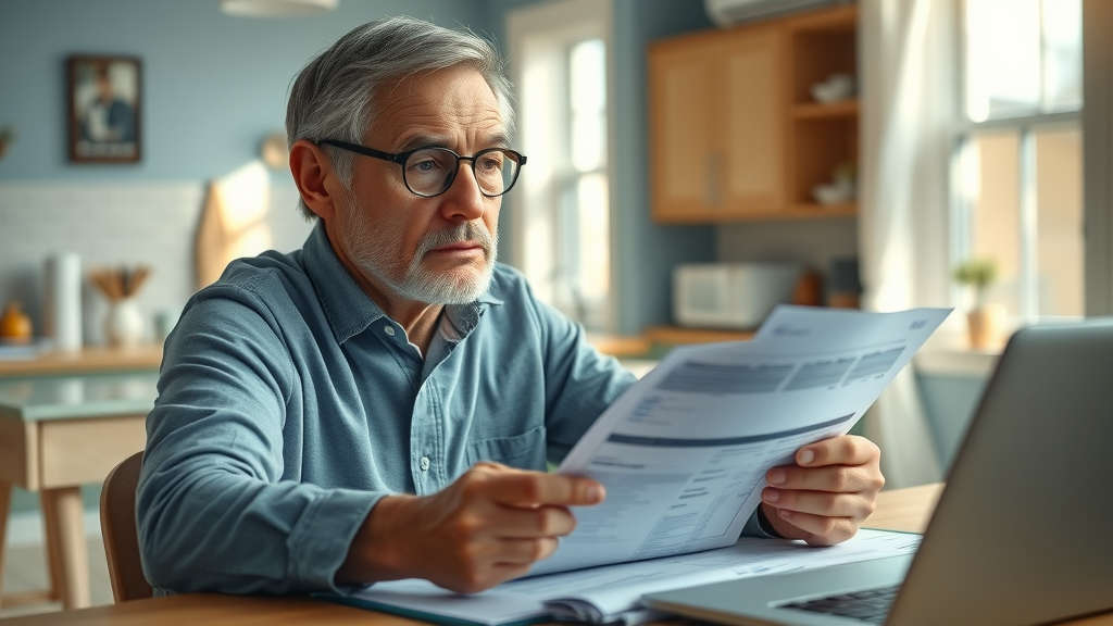 Adult reviewing hospital bills related to reimbursable medical expenses in a Federal Way home, photorealistic scene