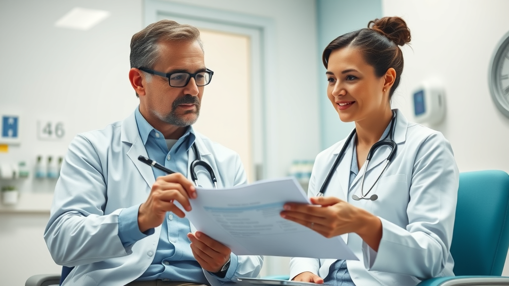 Doctor and patient discussing medical care and reimbursable medical expenses in a clinic exam room