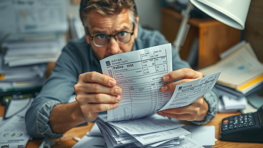 Adult realizing an error in medical expense receipts, representing non-reimbursable expenses