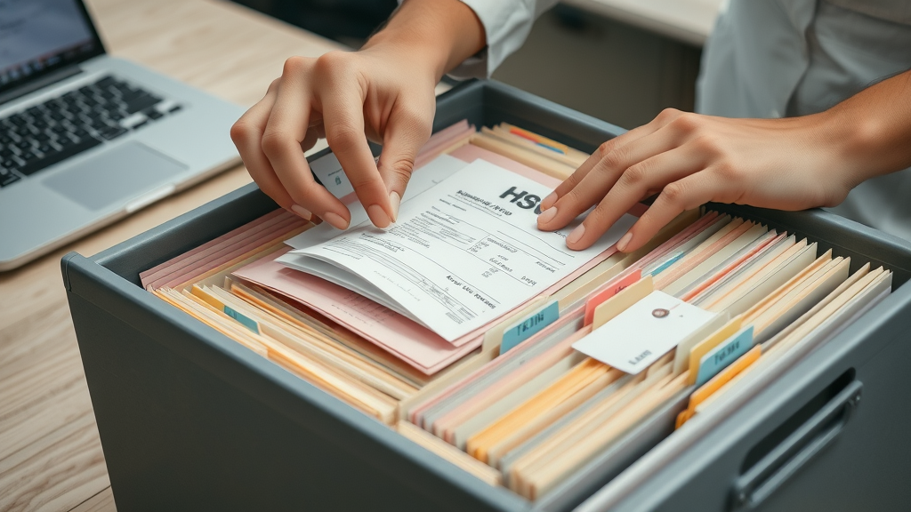 Hands sorting medical expense receipts into folders for reimbursable medical expenses documentation