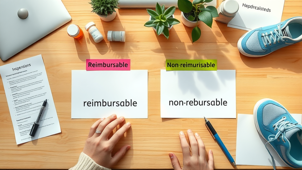 Table showing reimbursable versus non-reimbursable medical expenses using colored cards and props