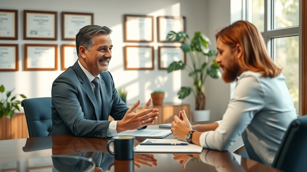 Empathic attorney explaining reimbursable medical expenses to a client in a Federal Way office