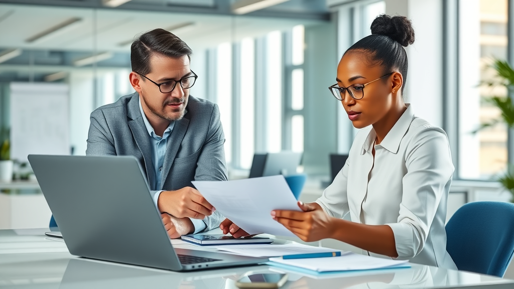 Modern business office with diverse employees, supportive HR guiding employee through medical expense claims paperwork, with natural light and calming palette, demonstrating employee medical expense claims process.