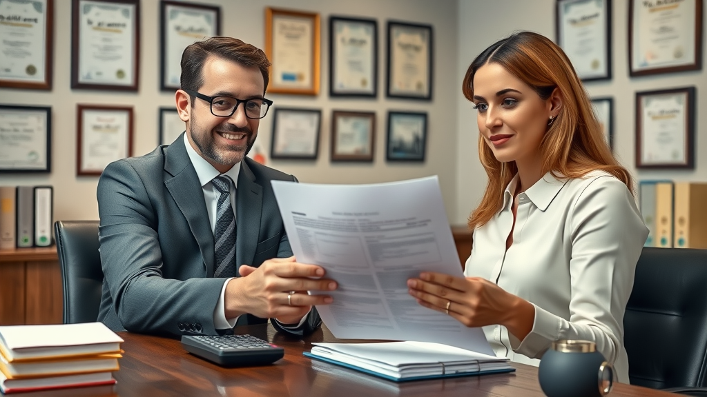 Confident attorney consulting a client, explaining medical expense claim forms in a law office, supporting employee medical expense claims, legal reference.