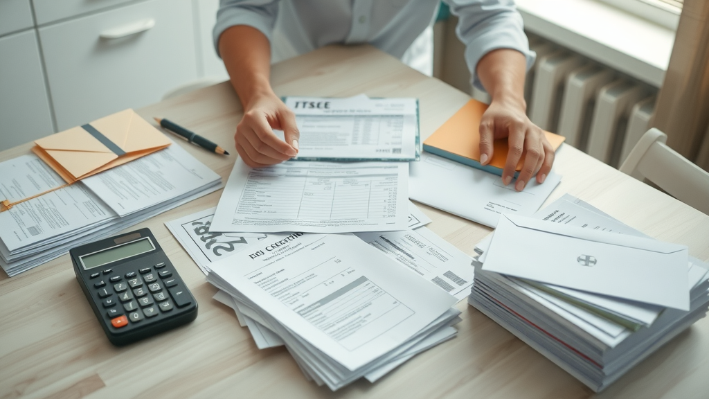 Organized medical receipts and claim documents for employee medical expense claims, categorized and ready for filing under health insurance plan requirements.