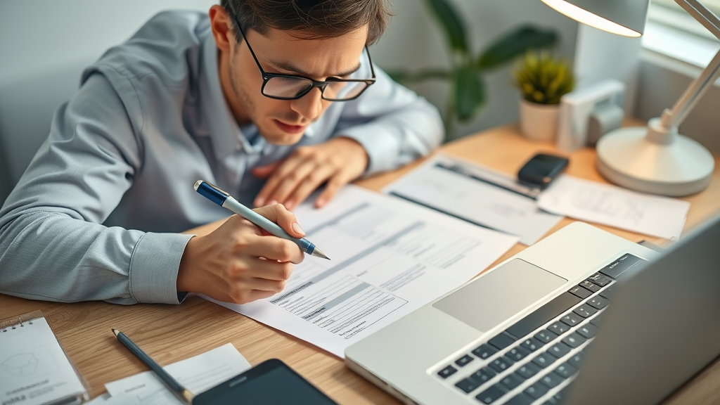 Professional employee filling a medical expense claim form, surrounded by receipts and organized paperwork, preparing for reimbursement through health reimbursement arrangements.