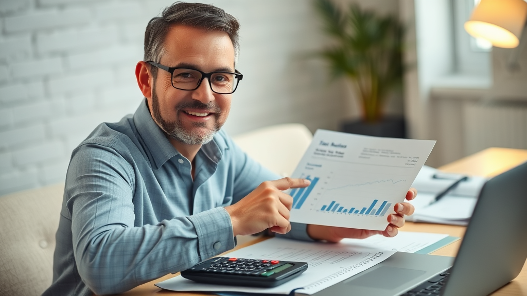 Financial advisor explaining tax benefits of employee medical expense claims, pointing to graphs and tax credit opportunities, with clean documents and financial charts on display.