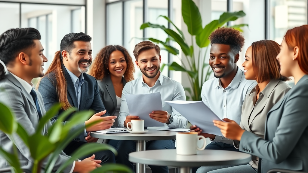 Diverse employees discussing medical expense reimbursements, reviewing claim forms and covered expenses in a collaborative office, with a focus on employee medical expense claims.