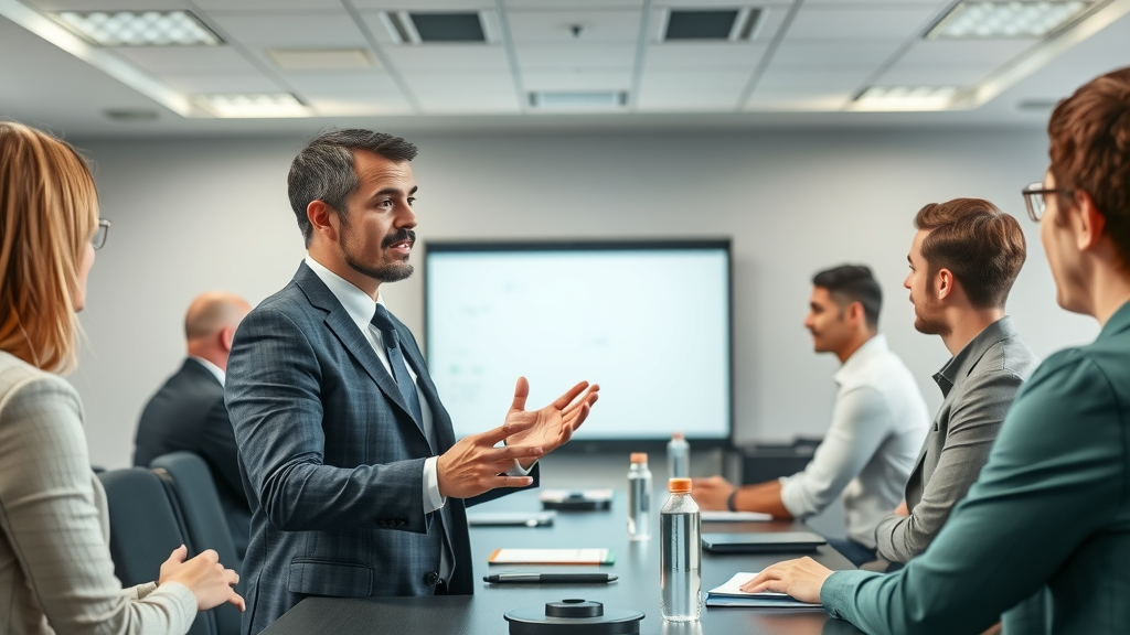 Personal injury lawyer teaching attorneys and HR staff about employee medical expense claims and best practices in a well-lit conference room.
