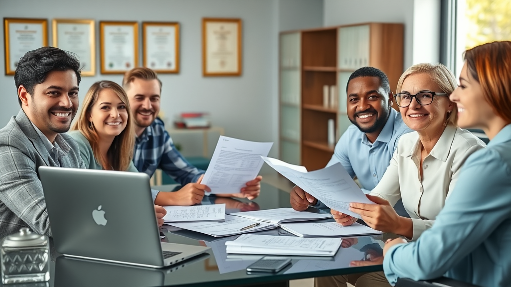 Diverse personal injury clients consulting with a tax advisor about tax benefits for medical expenses in a contemporary law office, photorealistic style