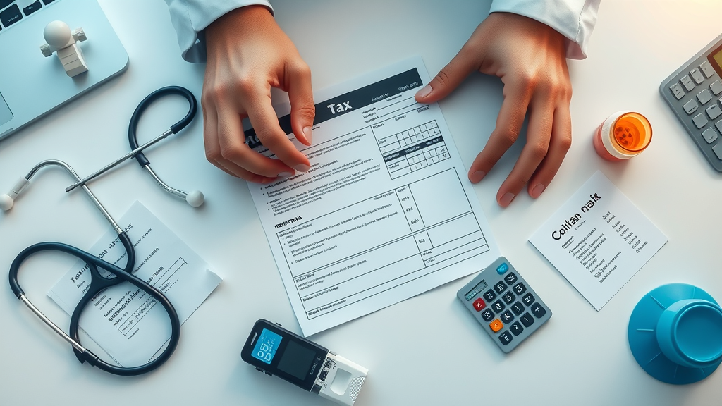 Infographic of hands calculating tax forms surrounded by medical symbols like stethoscope and pill bottle, representing tax benefits for medical expenses