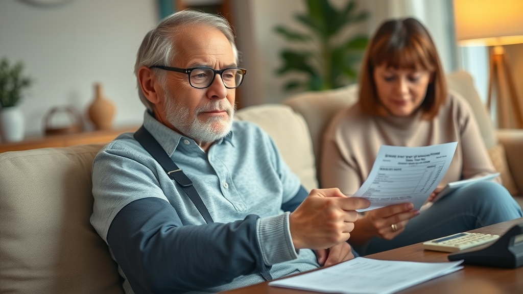 Injury patient with arm in sling reviewing medical receipts at home with family, illustrating tax benefits for medical expenses