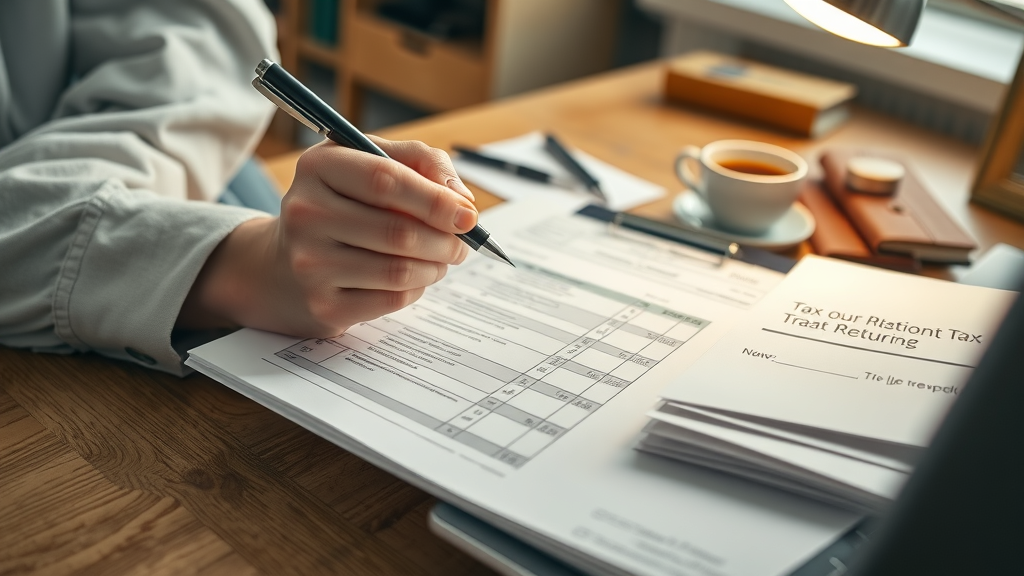 Person examining tax return forms with checklist at a desk, weighing itemized deduction for medical expenses
