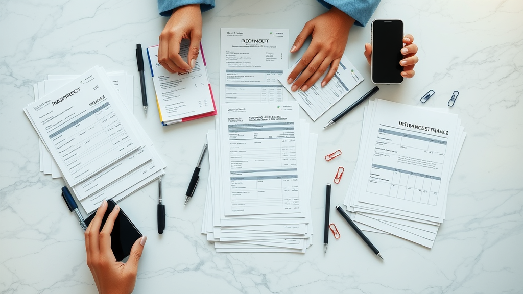 Overhead of categorized medical receipts, insurance statements, and dental bills, illustrating deductible expenses for tax benefits