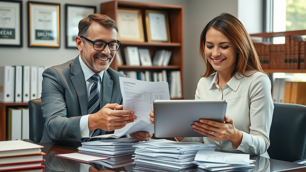 Personal injury attorney with client organizing medical documentation for tax benefit claims