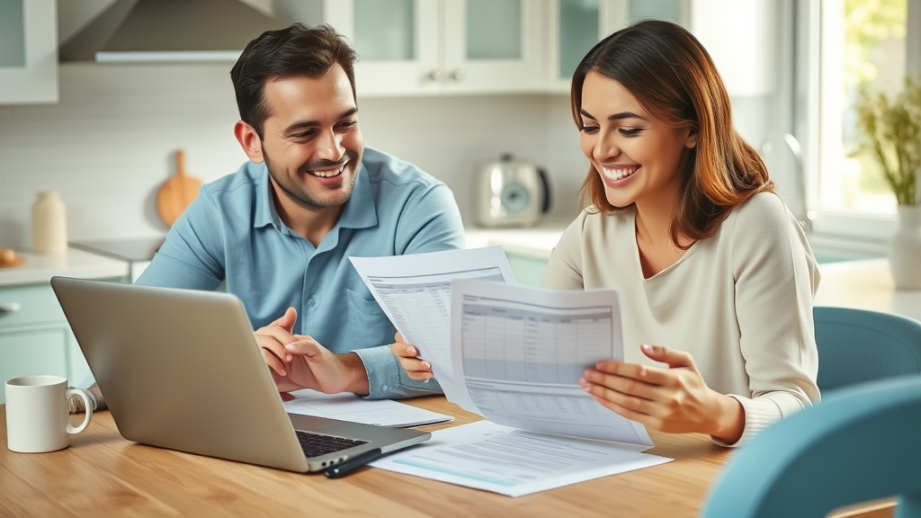 Couple at kitchen table calculating finances and medical bills, reviewing whether to claim tax benefits for medical expenses