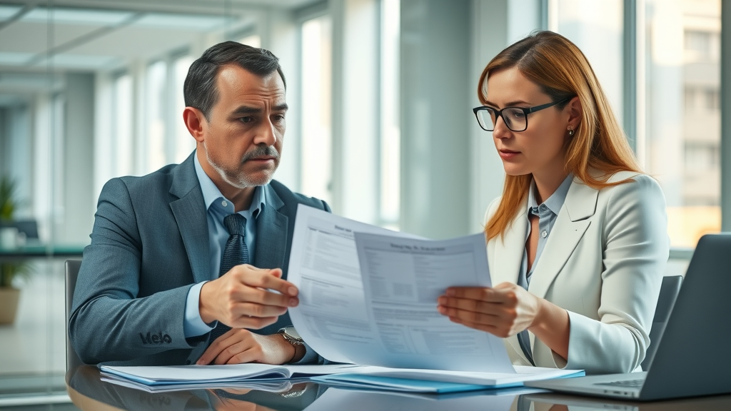 Concerned adult and attorney reviewing denied medical insurance claim documents in a modern office, focusing on health insurance reimbursement claim strategies