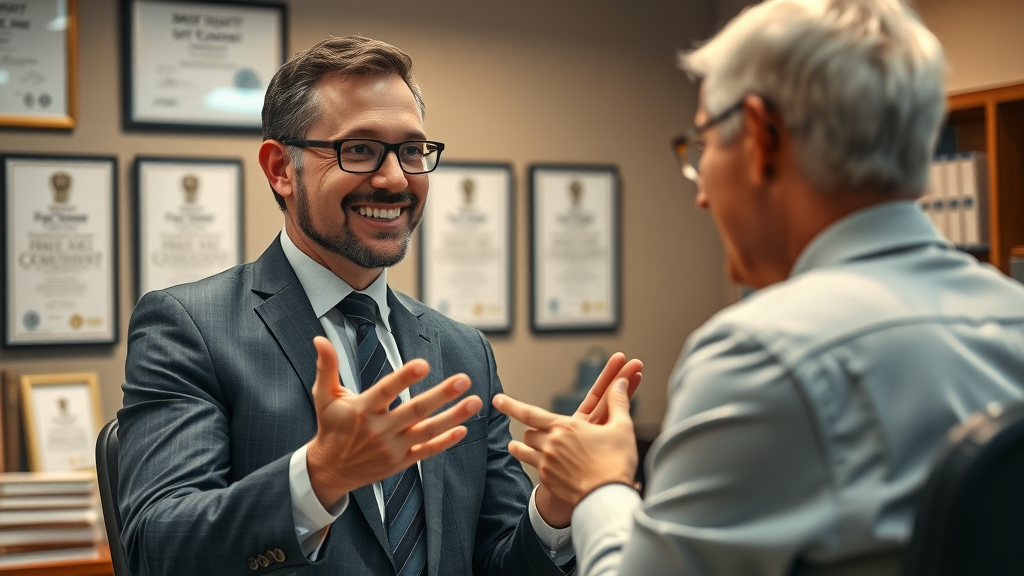 Confident personal injury attorney discussing health reimbursement with client, highlighting health reimbursement arrangements in a law office setting