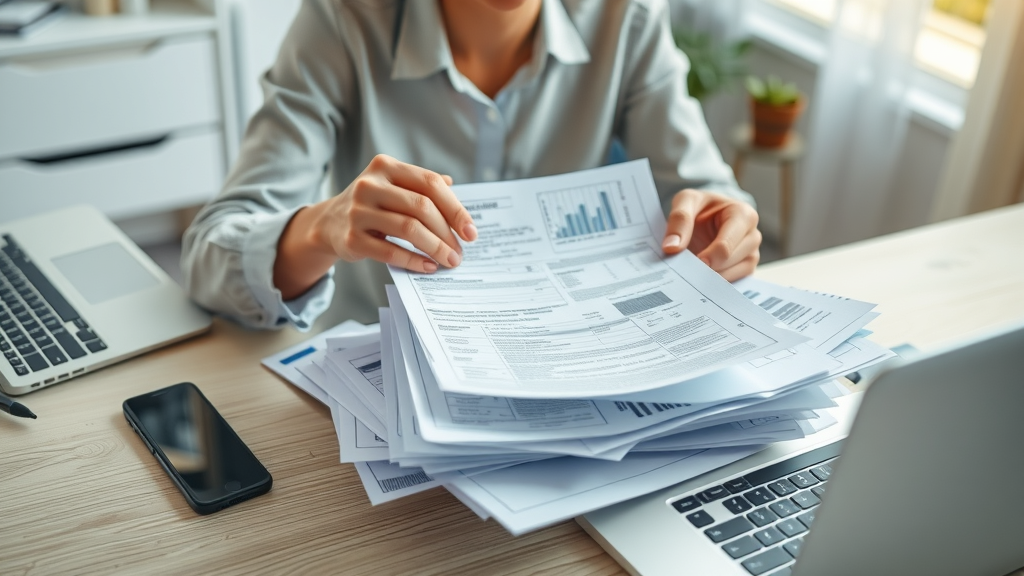 Organized person compiling health insurance documents for reimbursement claim, emphasizing health insurance reimbursement filing steps