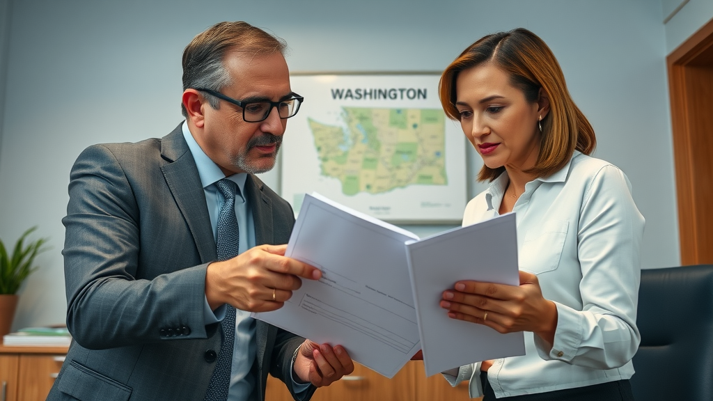 Attorney and client reviewing Washington State-specific health reimbursement paperwork related to personal injury cases