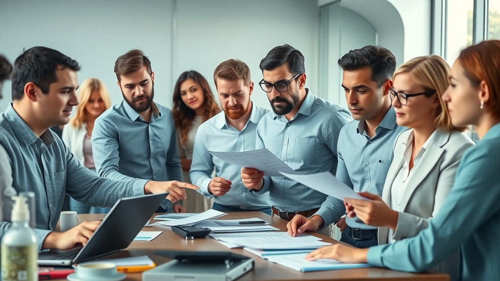 Diverse group discussing paperwork about medical expense reimbursement eligibility in a modern workplace