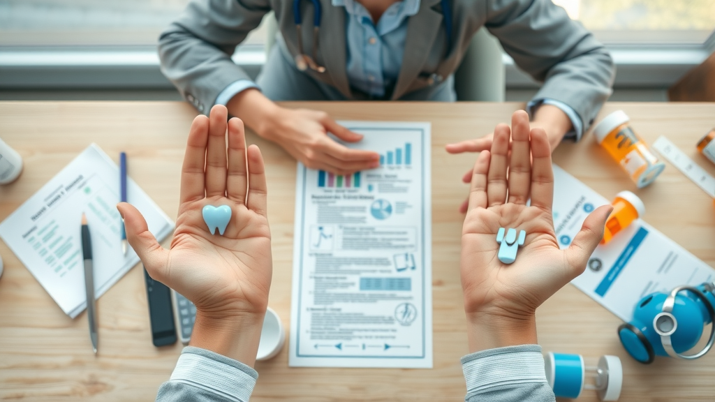 Medical, dental, and eye-care icons for qualified medical expense reimbursement eligibility with paperwork laid on a desk