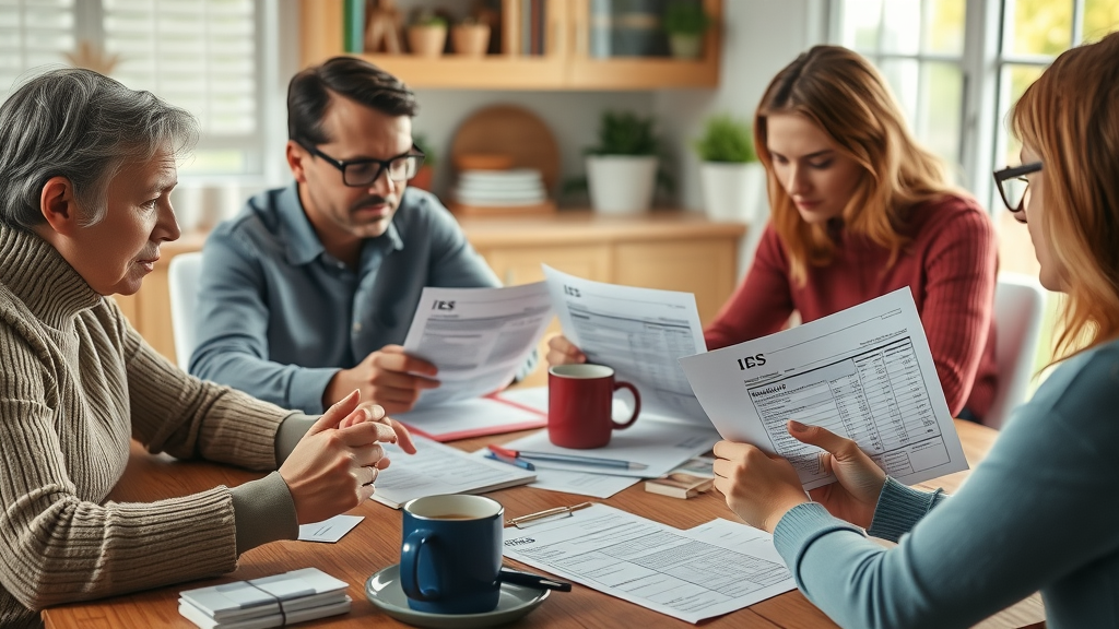 Adults examining IRS forms and paperwork to determine medical expense reimbursement eligibility at home