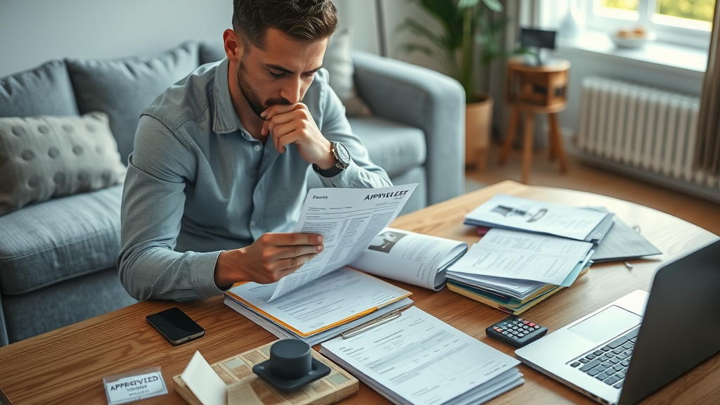 Adult sorting approved and denied medical receipts for reimbursement eligibility on a living room table