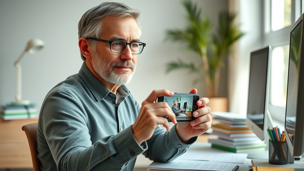 Adult photographing medical expense receipts for reimbursement eligibility at home office