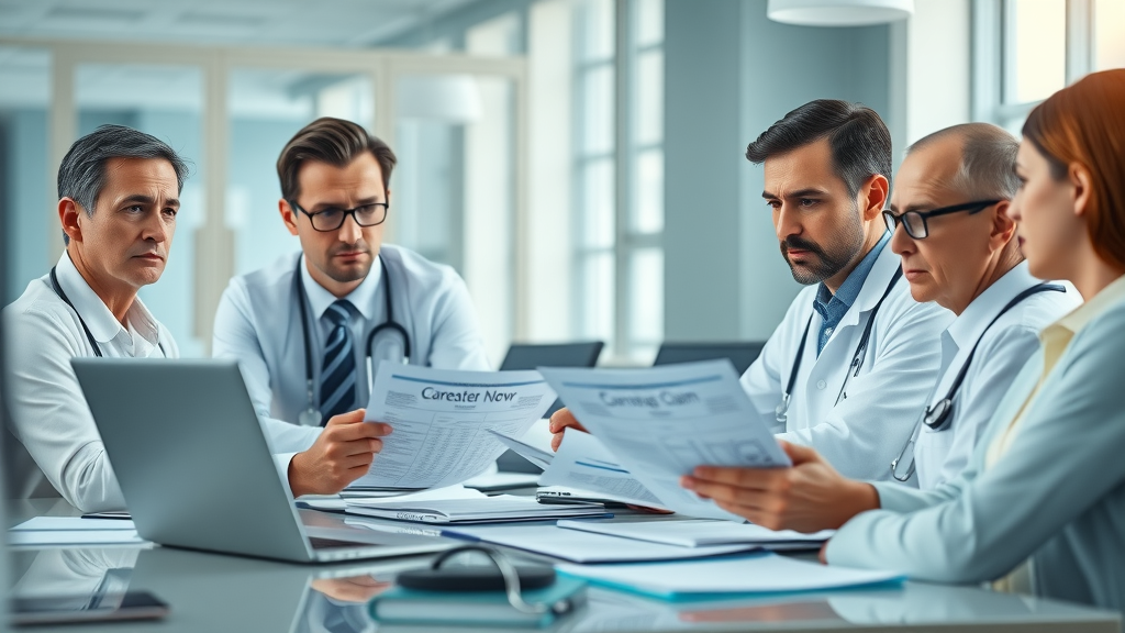 Medical reimbursement documentation team reviewing claim documentation files and paperwork in a modern office – documentation for medical reimbursement