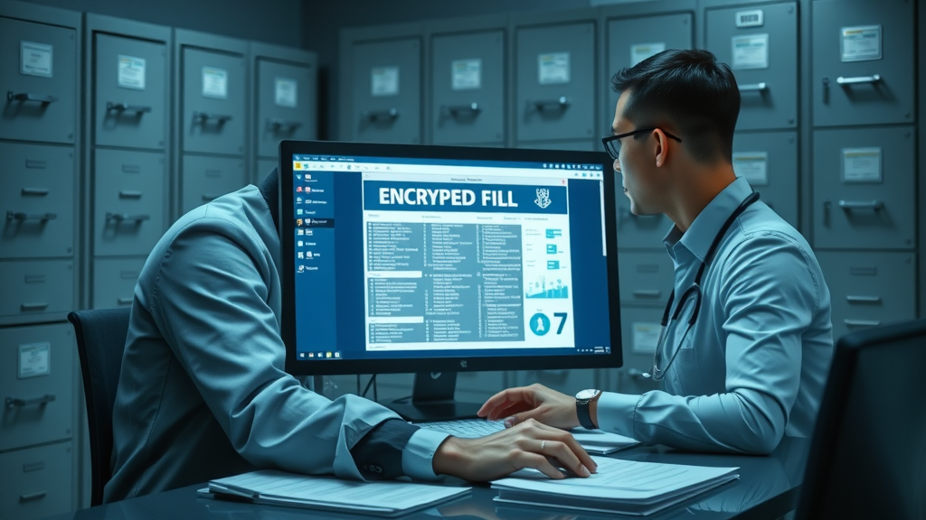 Digital security for medical reimbursement documentation – healthcare administrator managing encrypted files